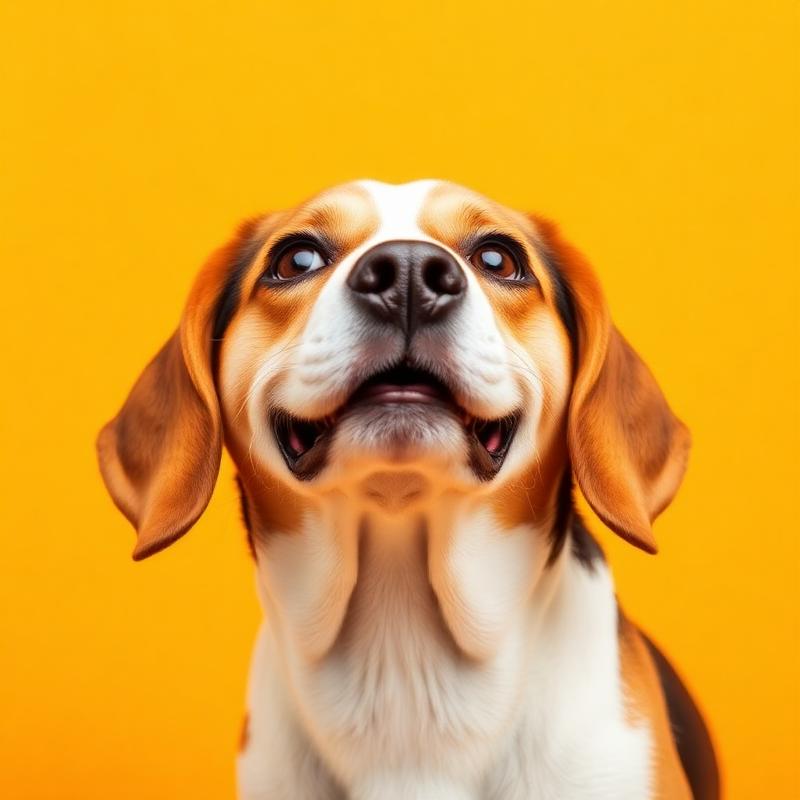 Happy beagle dog looking up