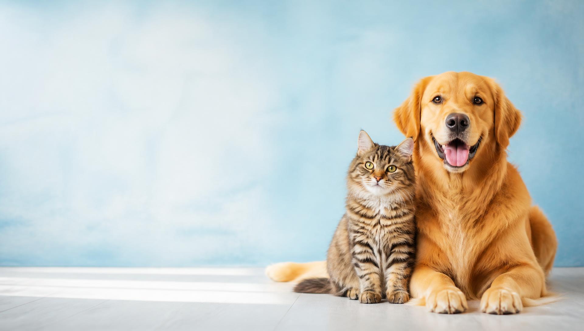 A happy golden retriever and tabby cat sitting together