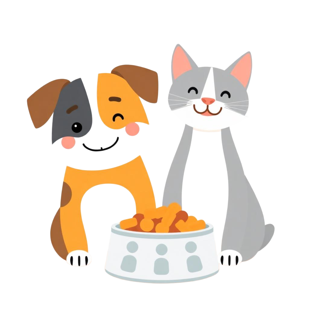 Illustration of a dog and cat beside a food bowl
